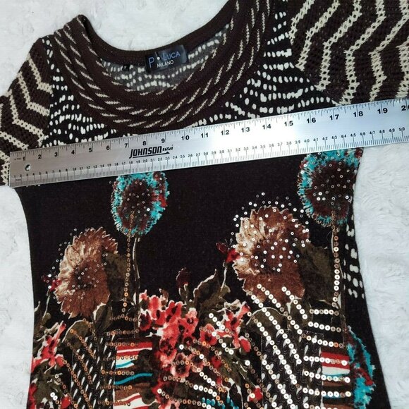 P. Luca Milano Womens Small Multicolor Embellished Sequin Knitted Tunic Top - Picture 5 of 7
